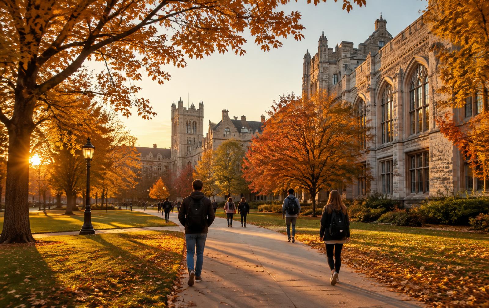 Autumn college campus quad with brick buildings
